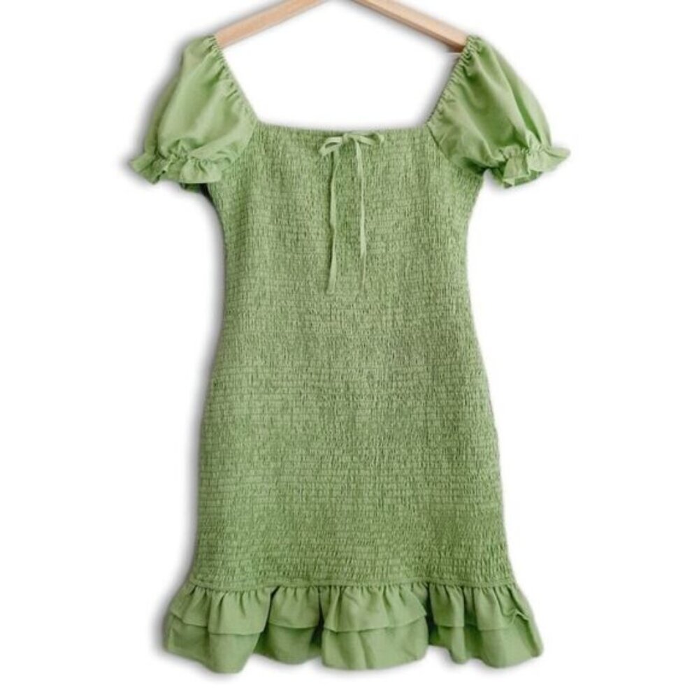 ENGLISH FACTORY / Smocked Ruffle Hem Puff Sleeve Mini Dress Green Sz M
